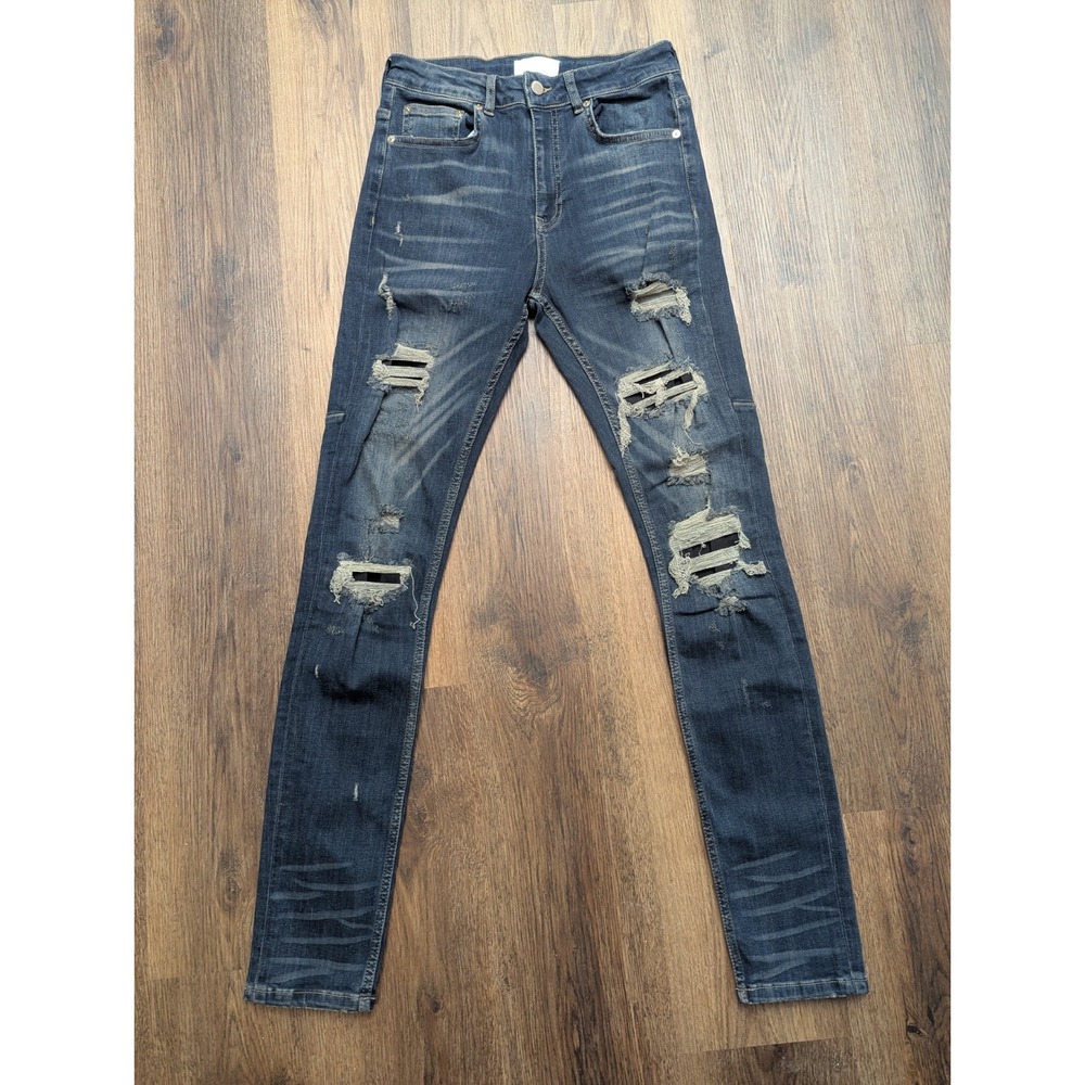 Flaneur Homme Jeans 30 Blue Dark Wash Distressed Ripped Destroyed Skinny‎ Denim